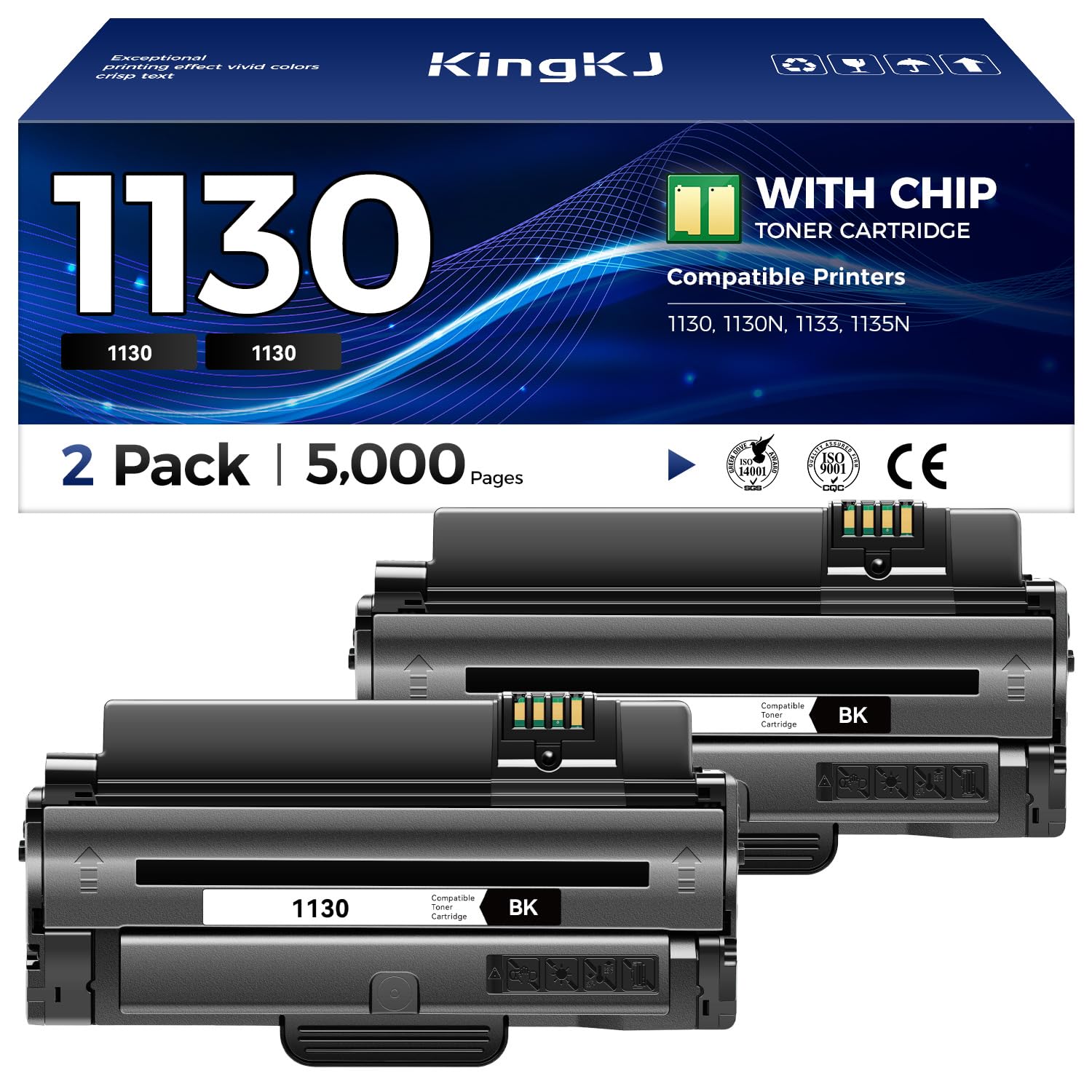 KingKJ 3J11D 1130 Black Toner Cartridge 2-Pack High-Yield Replacement for Dell 3J11D 1130 1133 1135 Toner Compatible with Dell 1130 1130N 1133 1135N Laser Printer Ink All-in-One Copier（2,500 Pages）