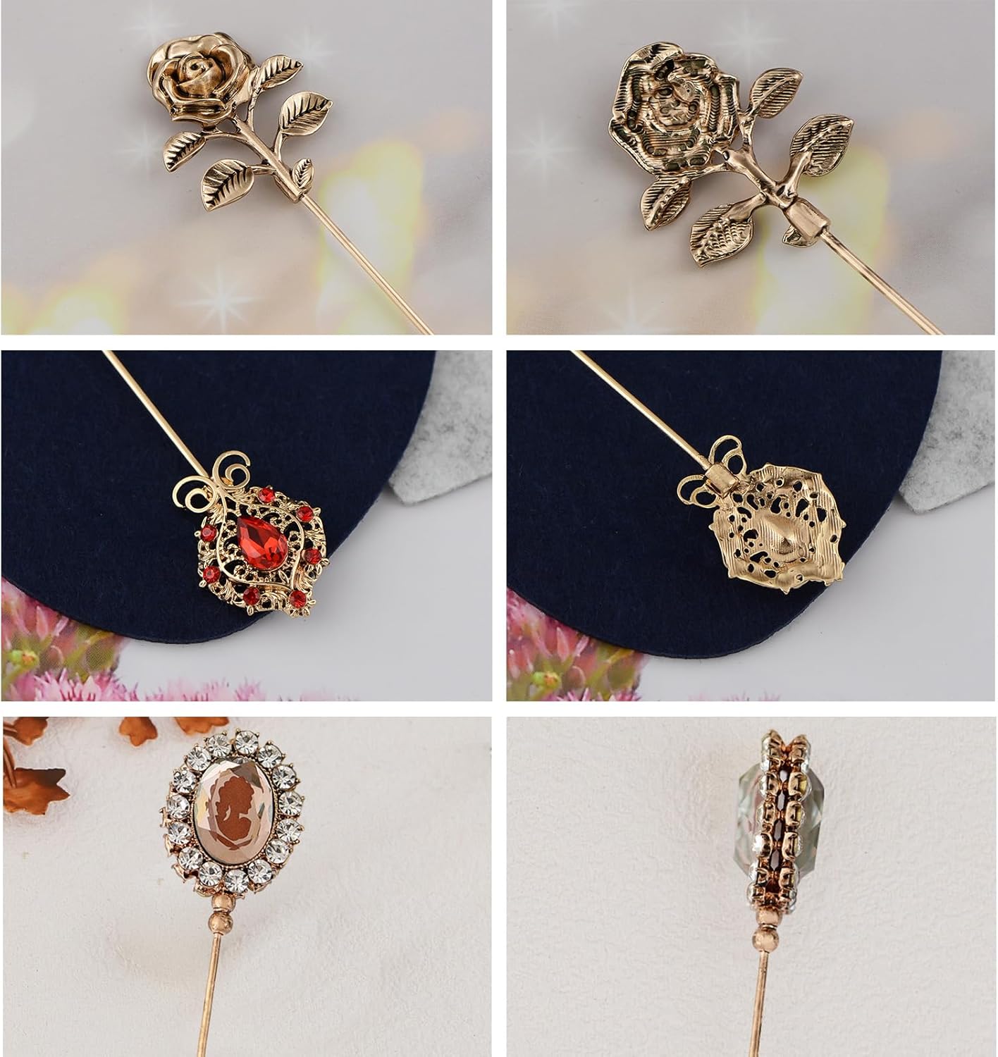 Alilang Floral Hat Pin for Women Gold Tone Stick Pins Featuring Rose Crystal Jewelry for Hat Accessories Lapel Brooch Pins