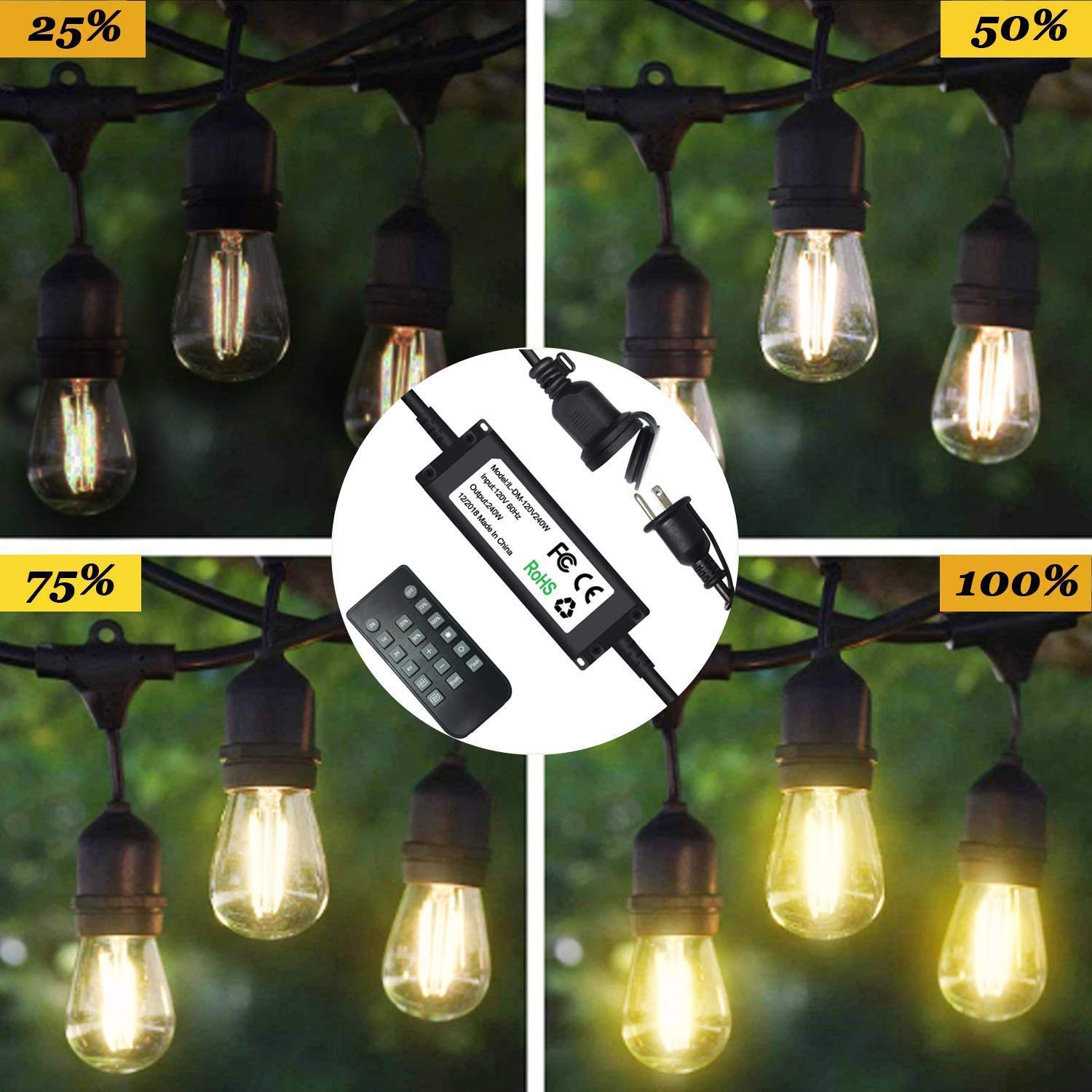 SUNTHIN 240W Outdoor Dimmer for String Lights, Wireless Remote Control Dimmer 50Ft Distance Auto Off Switch Timer for LED Strings Lights or Incandescent Strings Lights