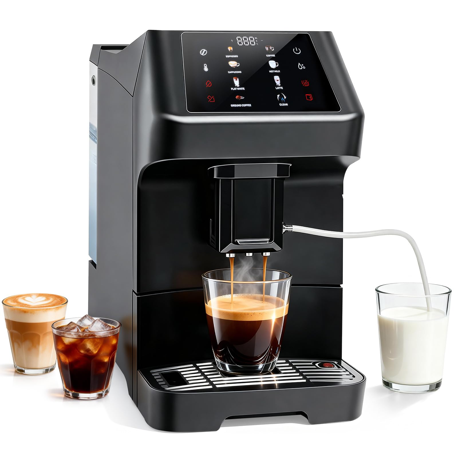 Automatic Espresso Coffee Machine with Grinder and Milk Frother 19 Bar Pressure Extraction Auto Cleaning Descaling Function -