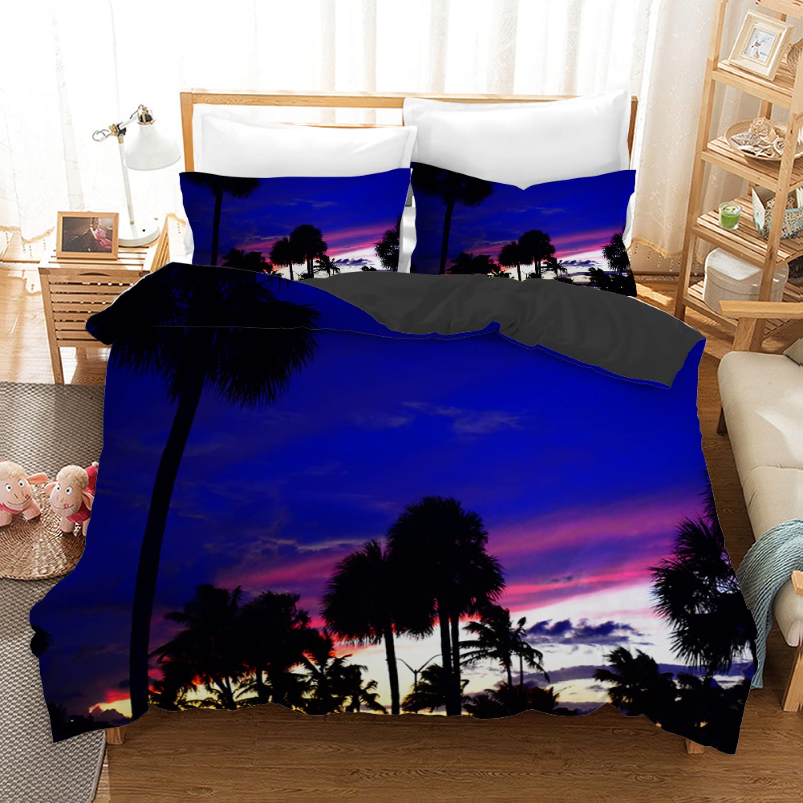 Parure housse de couette paysage bleu microfibre douce 140x200 enfant fille garçon taies 65x65
