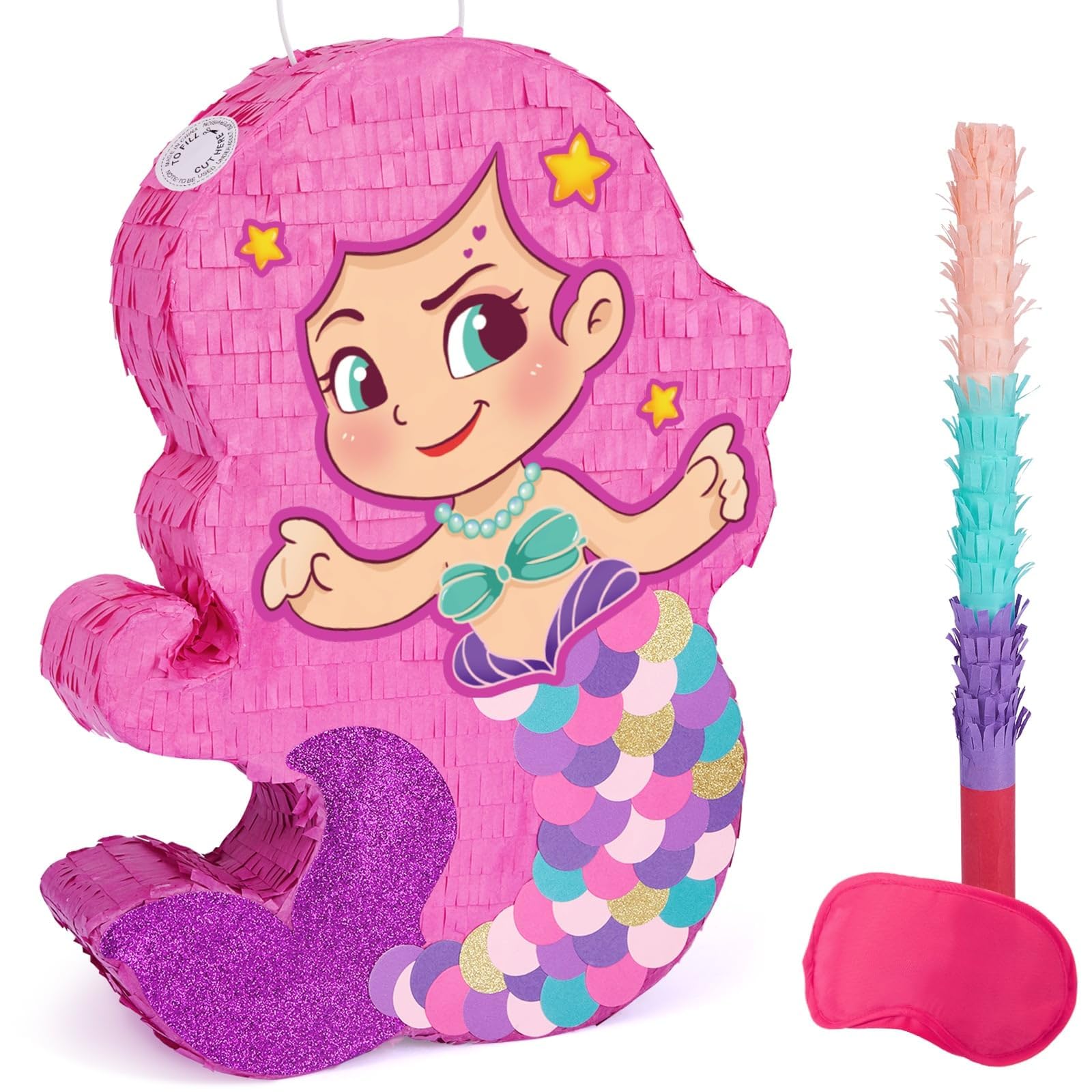 WERNNSAI Pignatta a forma di sirena, decorazione per feste di compleanno per ragazze, con pipistrello e benda per ragazze e bambini, per feste di compleanno, giochi sotto il mare, decorazione per