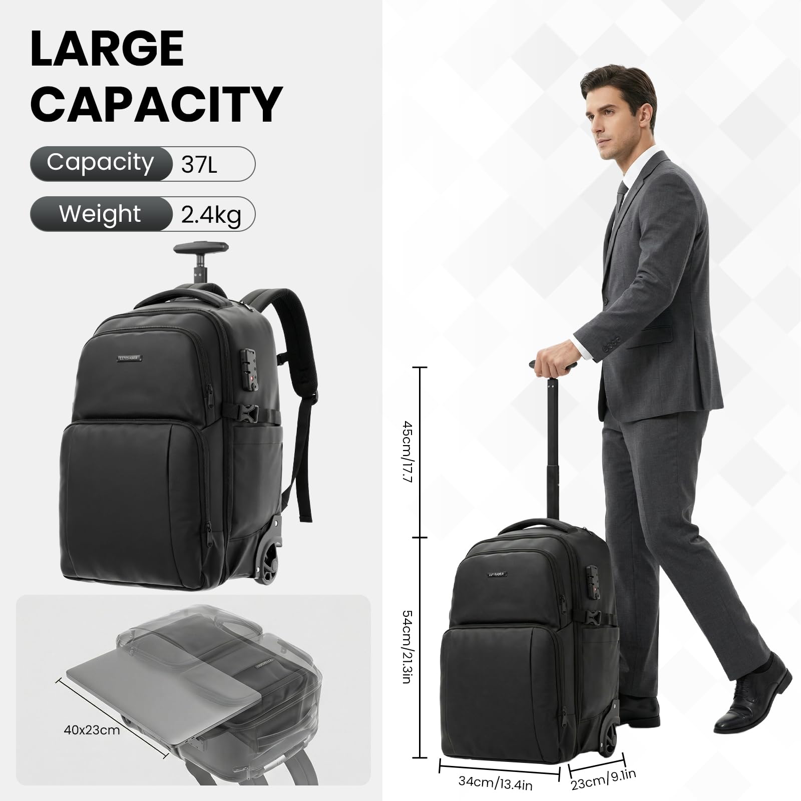 Hivexagon Mochila de Viaje de 37 L con Ruedas, Gran Capacidad, con Cerradura de contraseña, Ruedas silenciosas y duraderas, Correas Ocultas para Viajes o Negocios