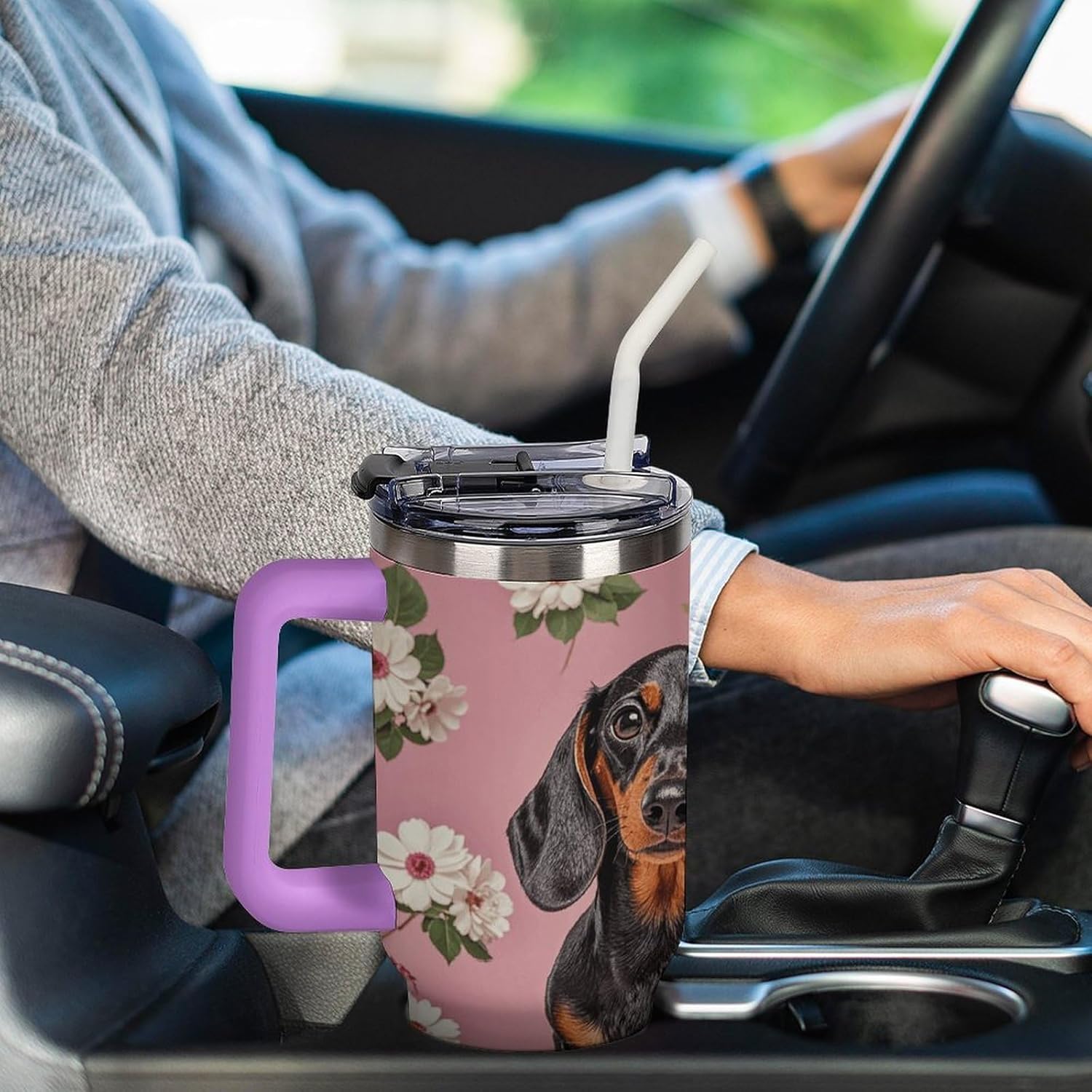 Dachshund Florals Travel Coffee Mug Reusable Durable Stainless Steel Insulated Tumbler with Handle And Straw Leak Resistant Portable Thermal Cup Gifts for Men Women 40 Oz