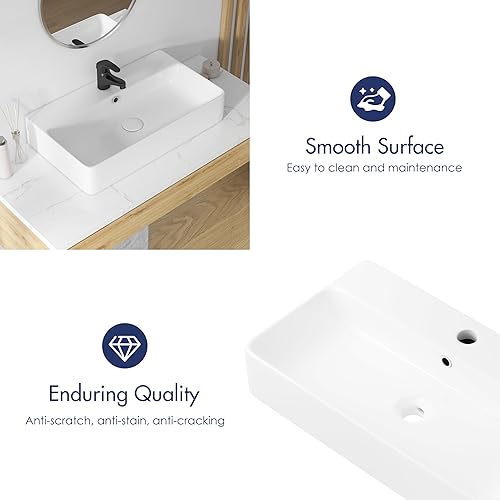 Miniatura 34 de Eridanus Fregadero de baño rectangular de 30 x 16 pulgadas, montaje en pared, sobre mostrador, lavabo de cerámica blanca de alta calidad con Blanco