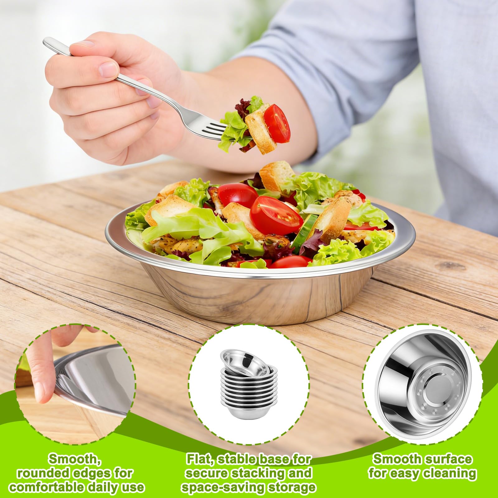 10 Piezas Cuencos Acero Inoxidable, Tazones Ensalada Metal, Cuenco Pequeños Fáciles Limpiar, Ensaladeras Grado Alimentario, Contenedor Multifuncional para Aperitivos, Frutas, Salsas, Especias (Plata)