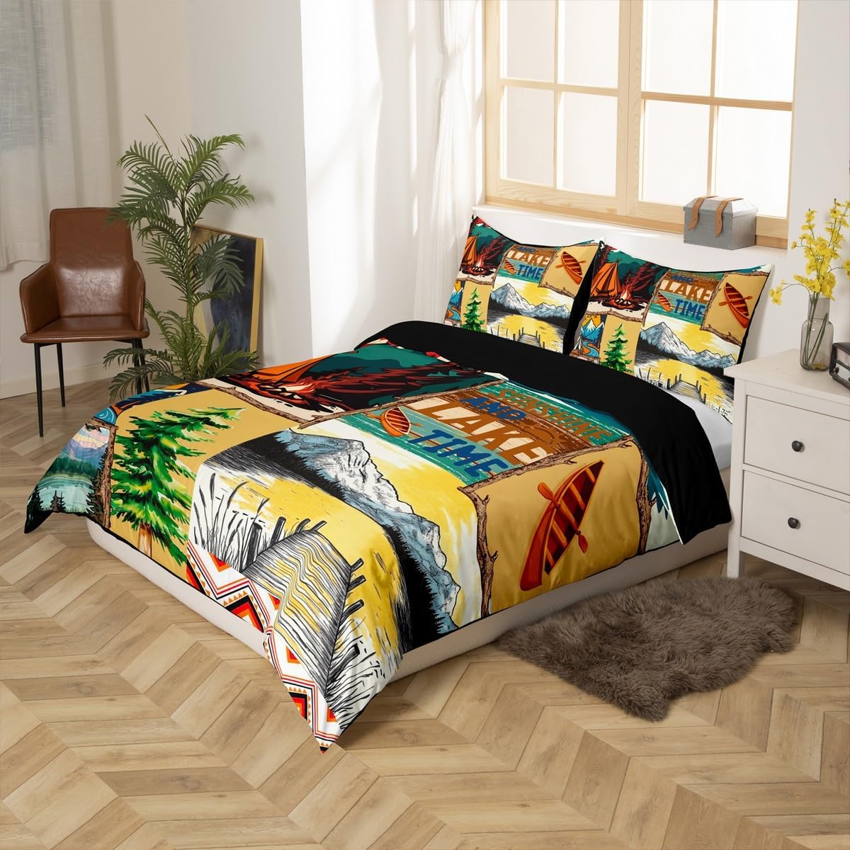 Erosebridal Lake Life Bedding Set Twin,Rustic Buffalo Plaid Patchwork Comforter Cover for Women Men Adults,Happy Camping Bed Set,Mountain Lake Life Duvet Cover with 1 Pillow Case Bedroom Decor