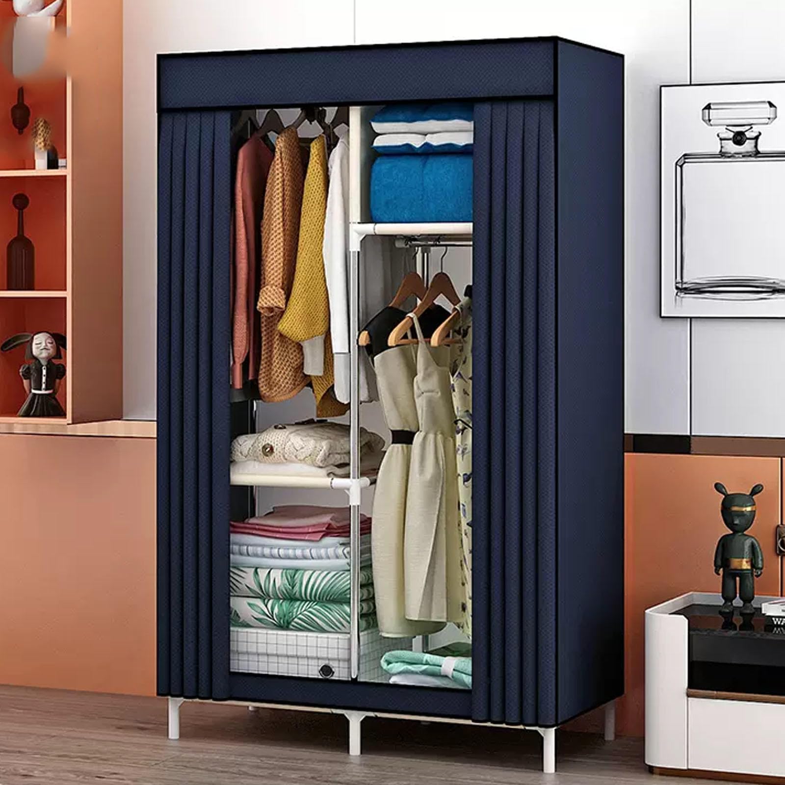 Kleiderschrank aus Segeltuch, tragbarer Kleiderschrank mit Kleiderstange, Stoffschrank für Schlafzimmer und Wohnzimmer, Blau, 86 x 45 x 170 cm