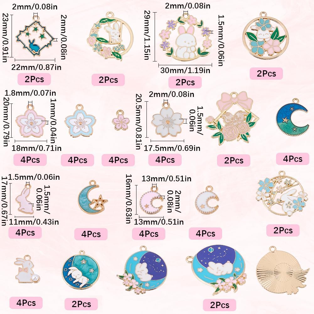 SUNNYCLUE 1 Box 56Pcs 18 Styles Rabbit Charm Flower Charms Bulk Metal Enamel Spring Easter Cute Pink Hollow Rabbits Bunny Moon Charm for Jewelry Making Charms DIY Keychain Bracelet Earrings Necklace - Image 2
