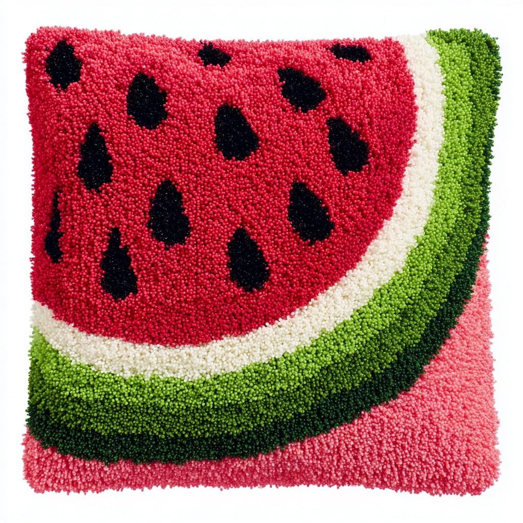 WallustrioaW Latch Hook Kits for Adults Beginners Cartoon Watermelon DIY Crochet Pillow Kit 17X17Inch Pre-Printed Pillowcase Hook and Latch Rug Kits Needlework Cushion Cover