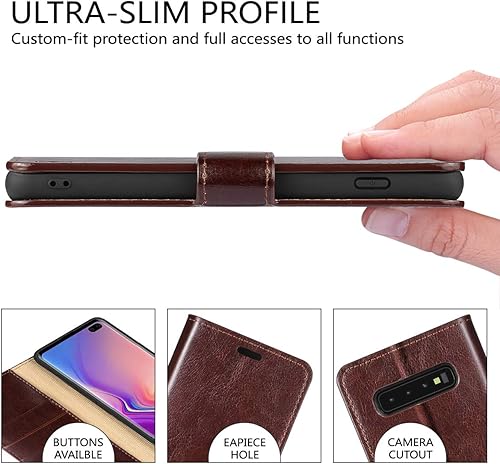 Miniatura 10 de Belemay Funda tipo cartera para Samsung Galaxy S10, piel de vaca auténtica, funda tipo libro con tapa, ranuras para tarjetero, bolsillos para