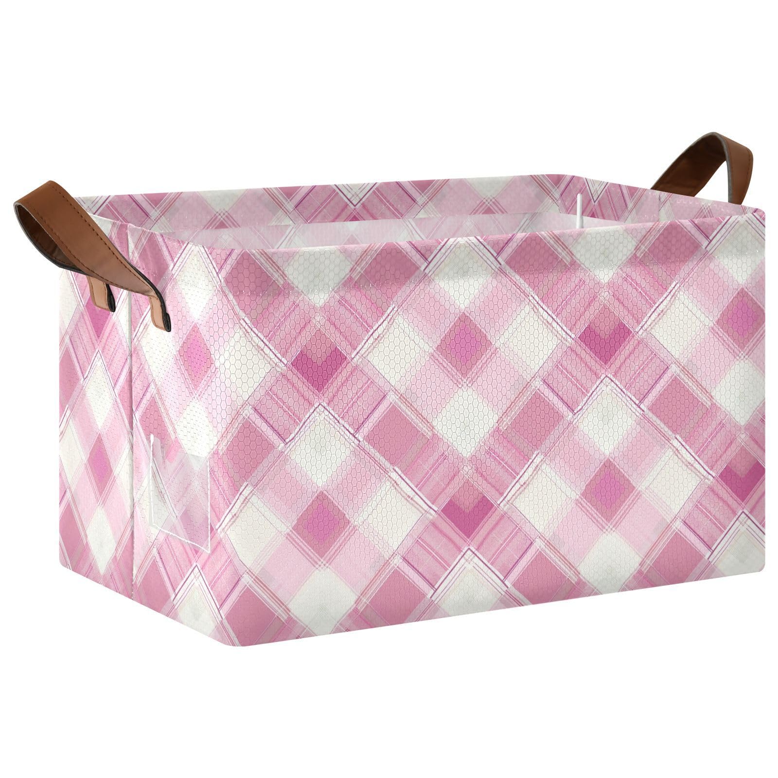 KLL Cestas de almacenamiento plegables de tela a cuadros rosa con asas para organización, paquete de 2 cajas de madera para organizar