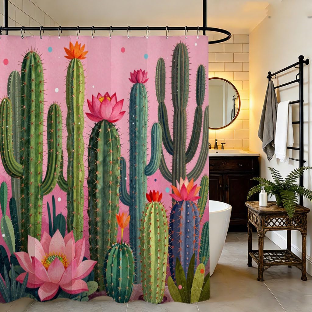 awitufhgp Printing Shower Curtain | Cactus And Flower Pattern On Pink Background, Polyester, Bathroom Partition, Protect Privacy(165x180cm/65x71in(WxH))
