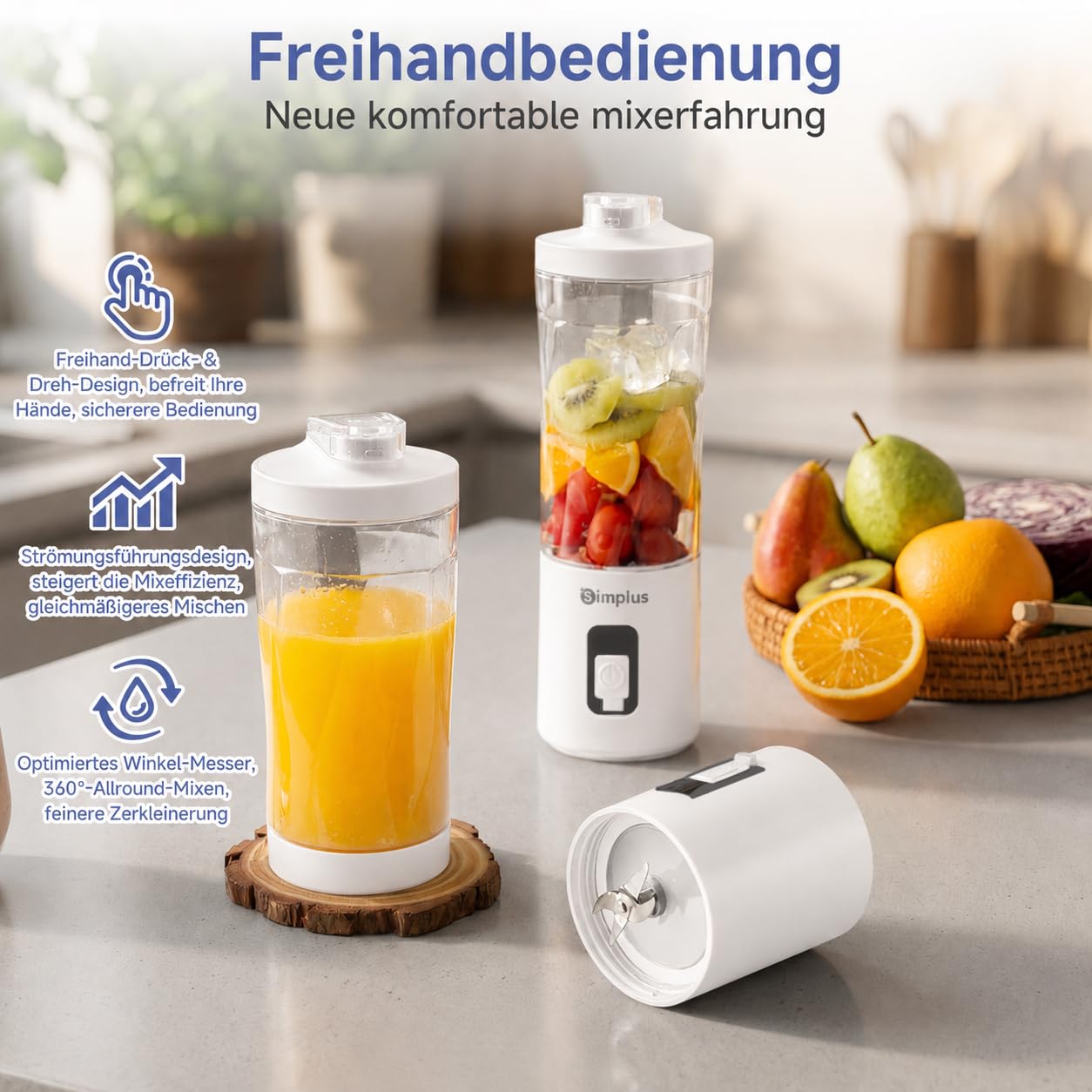 SIMPLUS Tragbarer Mixer 800ml Smoothie Maker To Go, USB-C Mini Mixer mit 6 Edelstahlklingen, kabelloser Blender für Shakes, Milchmixgetränke, weiche Früchte & kleine Eisstücke, BPA-frei