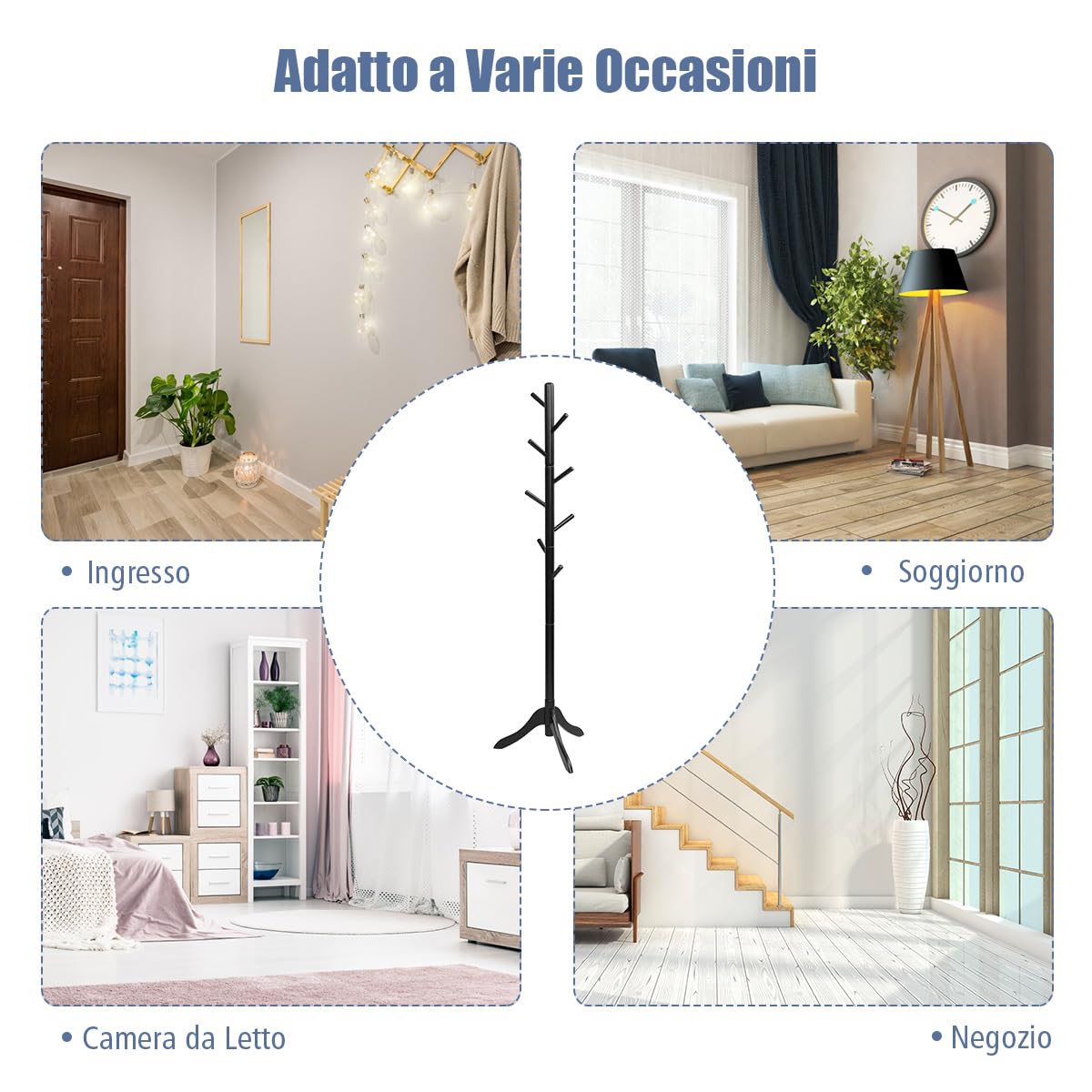 COSTWAY Attaccapanni in Legno, Attaccapanni da Terra con 8 Ganci Regolabili in Altezza, Albero Porta Abiti per Camera da Letto Soggiorno Ingresso e Ufficio, Carico 56 kg (Nero)