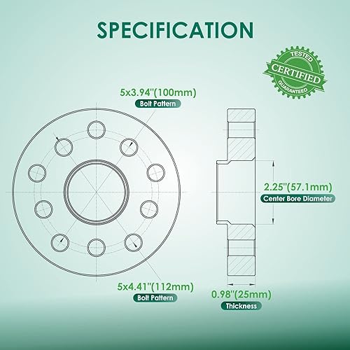 Miniatura 2 de MOCA - 4 espaciadores de rueda de 0.984 in de 5 x 100 a 0.197 x 4.409 in, patrón de perno de 2.248 in, orificio del buje M14x1.5, tamaño de perno