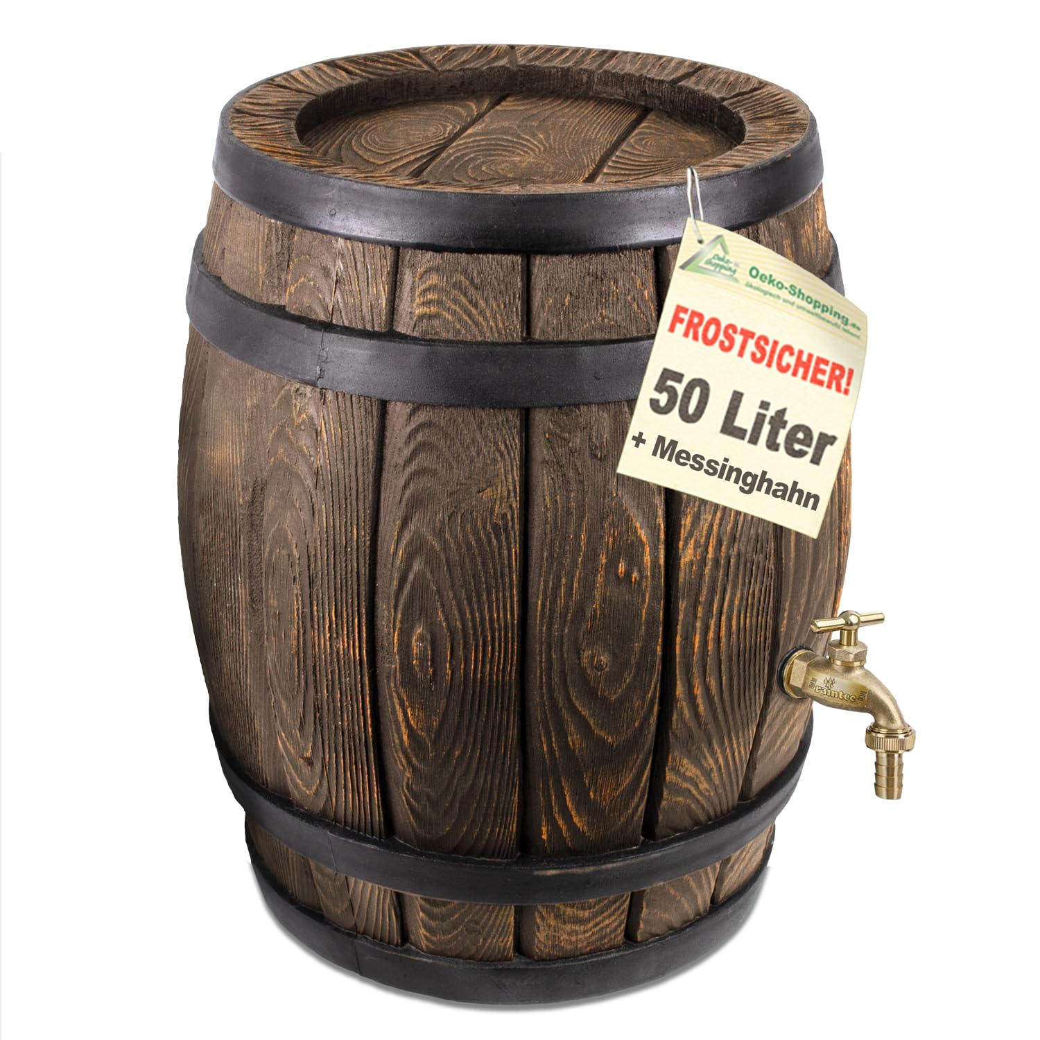 Beczka na deszczówkę 50 l, beczka ogrodowa, beczka na wodę, beczka dębowa, mosiężny kran mosiężny, beczka dębowa o wyglądzie drewna, 50 litrów