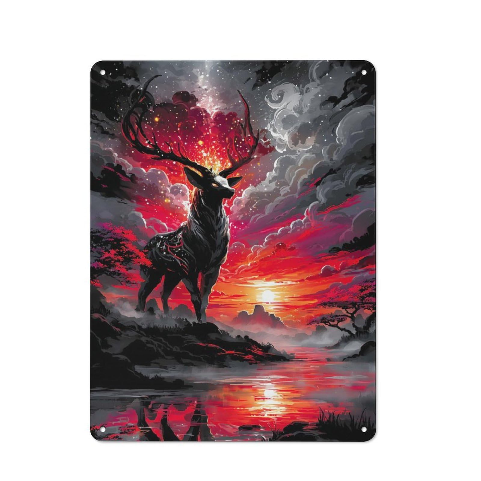 Junmoney Mystical Deer In Red Landscape Retro Metal Sign 40X30cm For Garden Room Or Summerhouse, A Decorative Metal Sign For Garden Rooms And Summerhouses