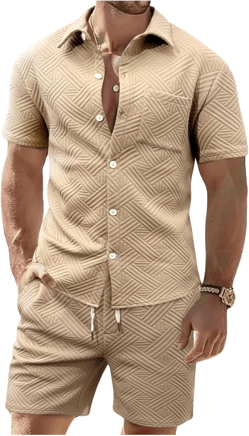 GORGLITTER Men's 2 Piece Summer Beach Outfits Waffle Knit Short Sleeve Button Down Shirt Top and Shorts Set - Image 2