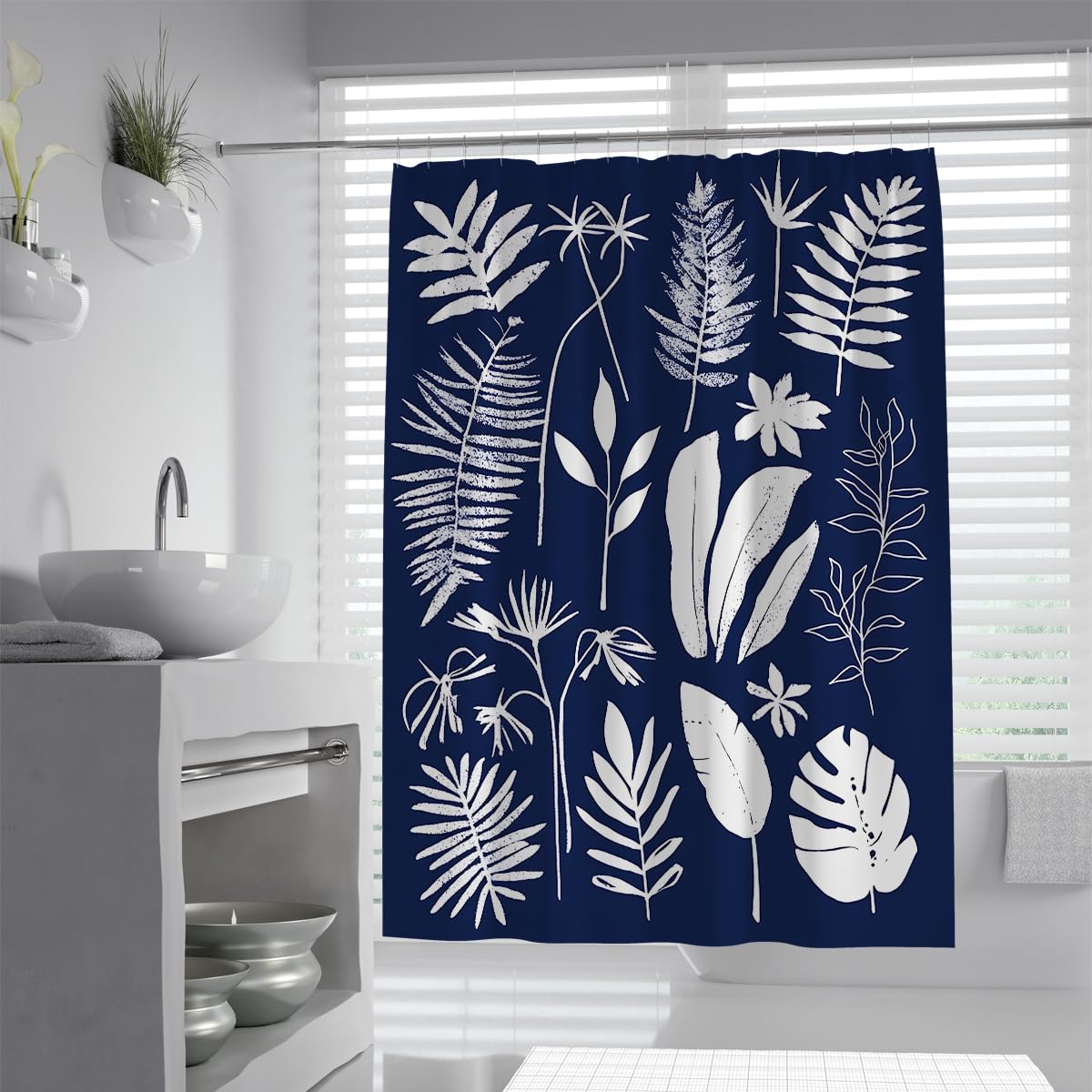 UIRINGART Navy Blue Tropical Leaf Shower Curtain W180xL180cm White Monstera Fern Pattern Mildew Resistant Water Repellent Bath Curtains Home Hotel With Hooks