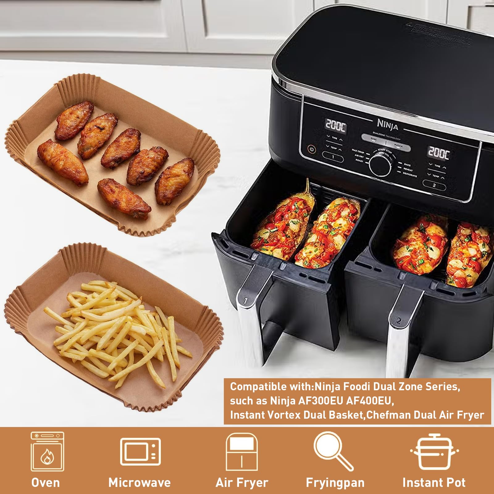 200 stuks bakpapier voor Ninja heteluchtfriteuse, BPA-vrij, bakpapier, oliebestendig, anti-aanbaklaag, compatibel met Ninja AF300EU AF400EU, Princess en andere Dual Zone Air Fryer