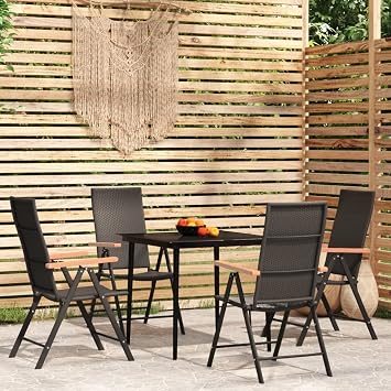 5 Piece Patio Dining Set Black Outdoor Furniture with Adjustable Chairs and Glass Tabletop, 4 PE Rattan Chairs & 1 Steel Frame Table for Garden, Backyard, Balcony