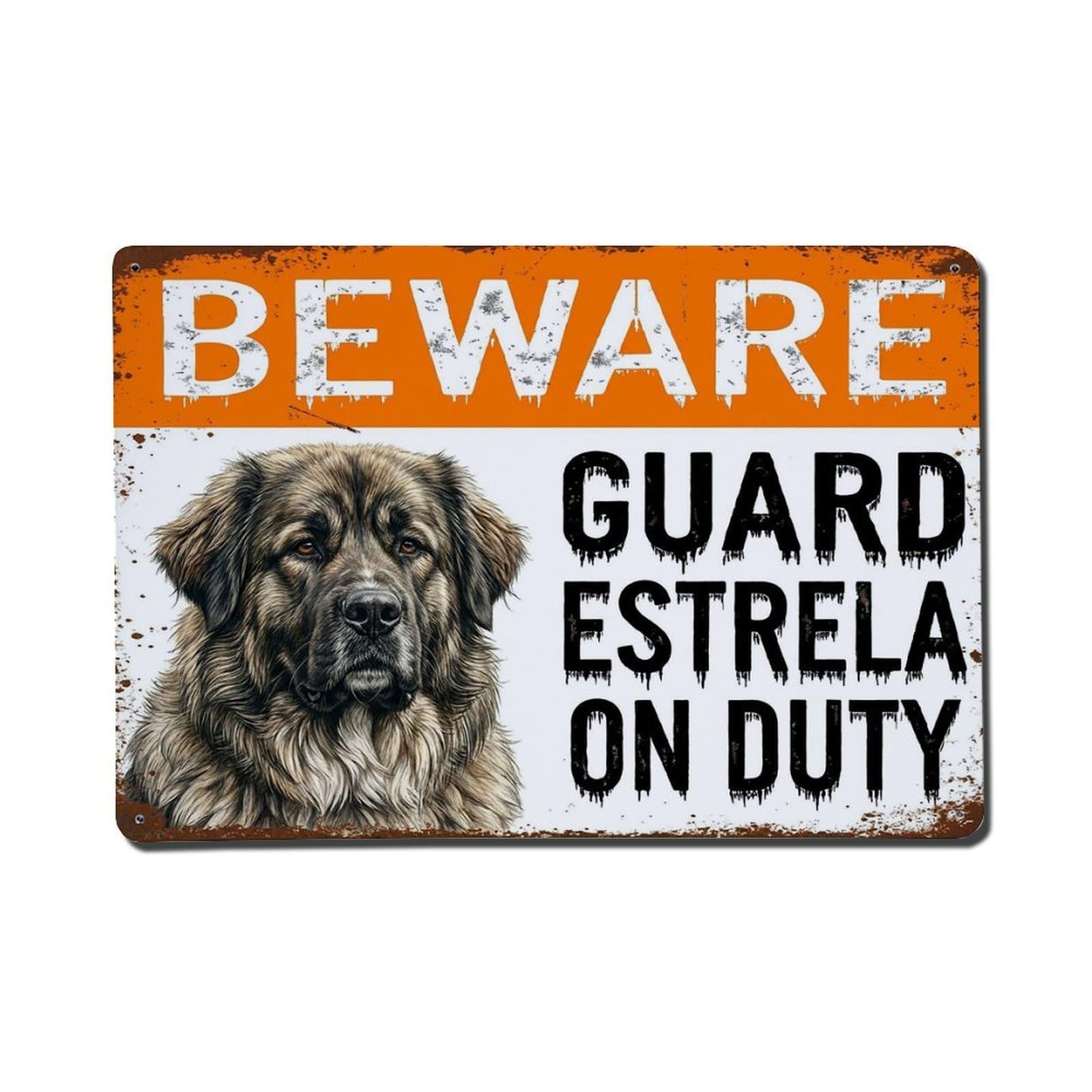 Vintage Funny Estrela Guard Beware of Dog Grounds Metal Tin Sign Plaque Wall Decor for Cafe, Club Bar, Office, Garden Metal Poster 8x12Inch