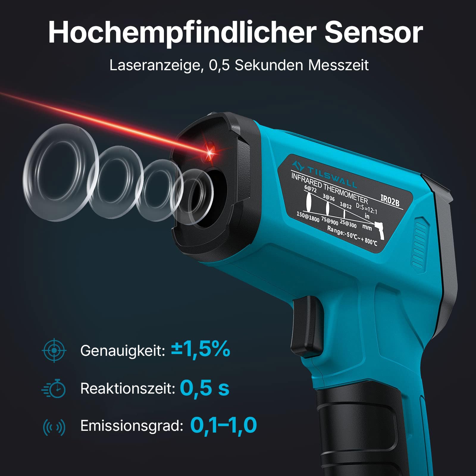 Tilswall Infrarot Thermometer(nicht für Menschen) -50°C bis 800°C IR Digital Laser Temperaturmessgerät mit Kochen LCD Display für Kochen/Barbecue/Pizza Oven/Gefrierschrank/Industrie-W300