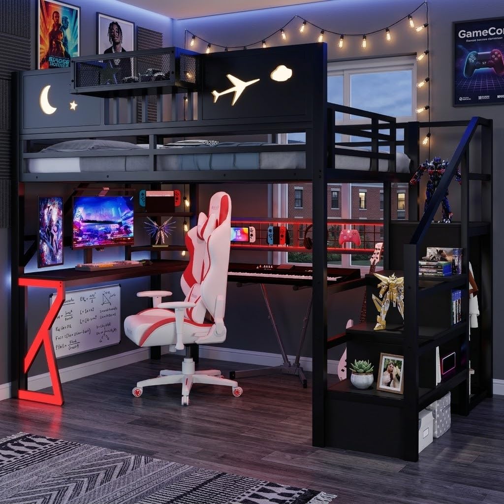 Photo 1 of **MISSING PARTS** KEIKI Full Size Loft Bed with Storage, Desk, Wardrobe, Stairs, LED & USB - Black