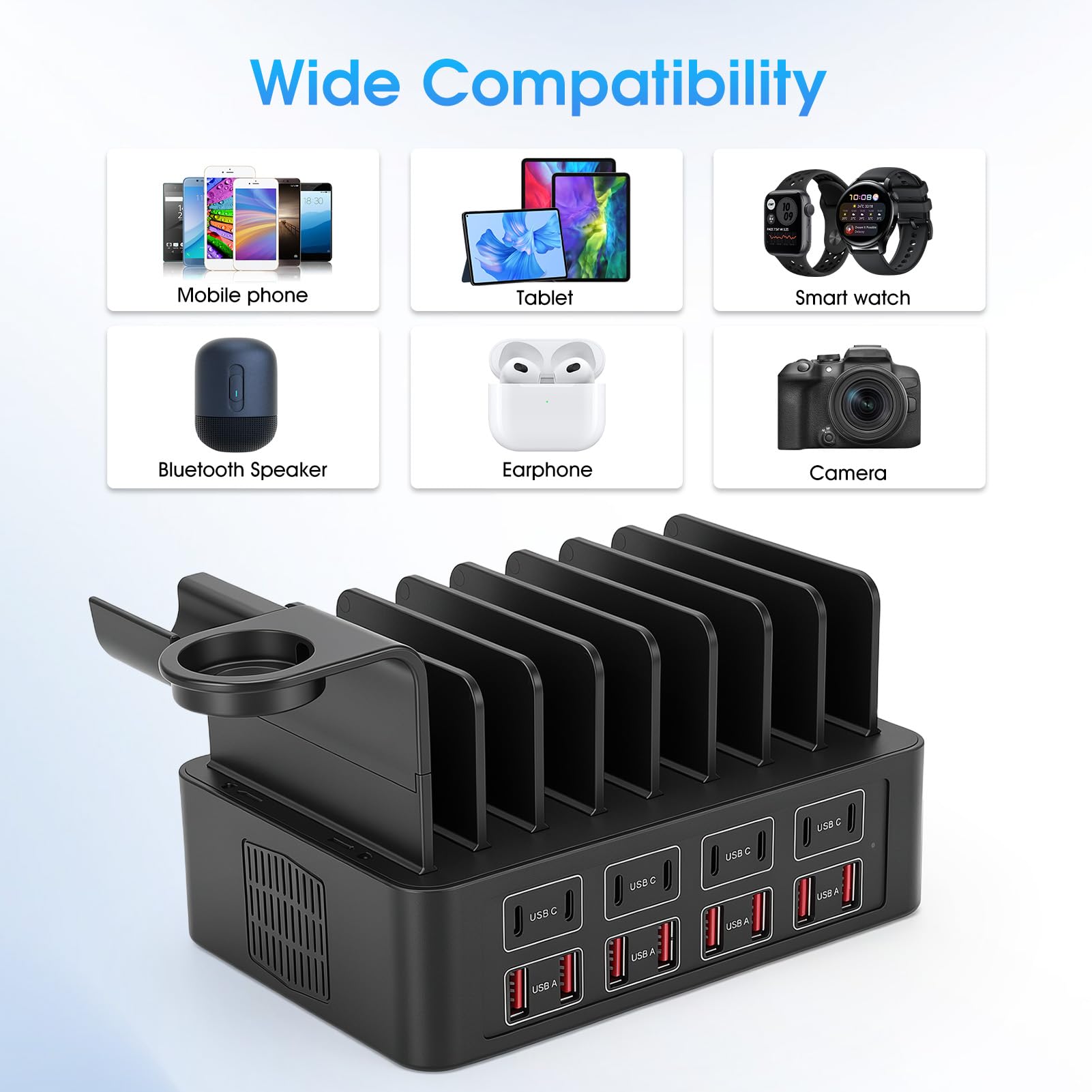 Stazione di Ricarica da 150W, 16 Porte Caricatore USB con 8 Cavi corti e Regolabile supporto, 2-in-1 Rapida caricabatterie da scrivania per smartwatch, smartphone, tablet, MP3
