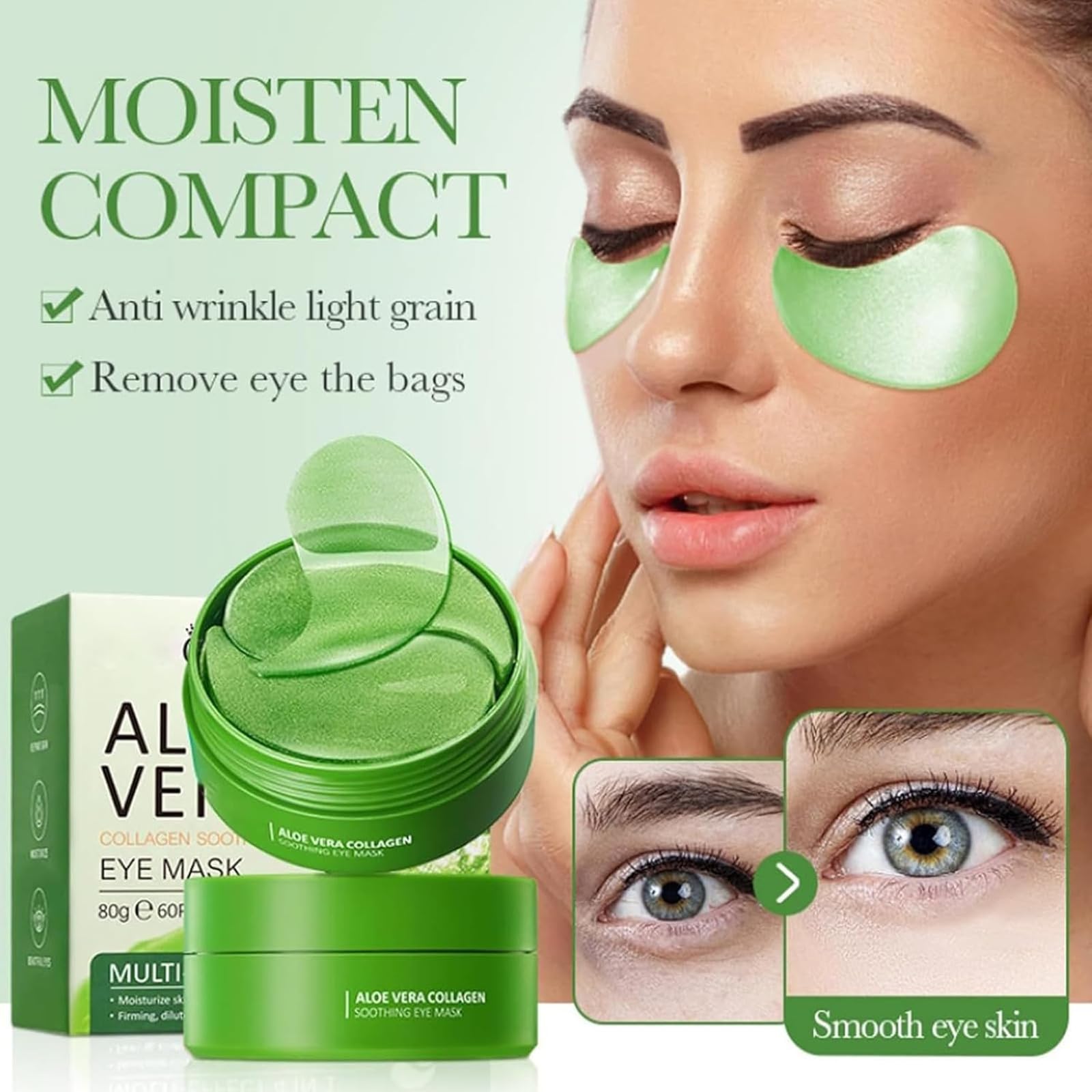 60Pcs Aloe Vera Augenpads,Kollagen Augenpads gegen Augenringe, Hyaluronsäure Augenmaske, Anti Aging,Augenringe Entfernen, Falten, Tränensäcke,Puffiness (Grün)