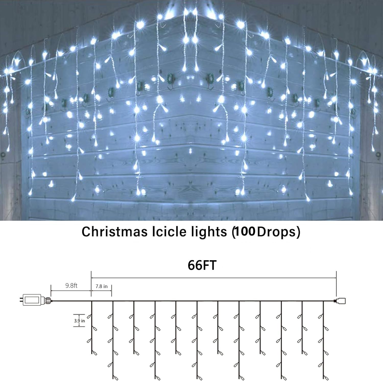 Joomer 66FT Christmas Icicle Lights Outdoor Non-Connectable White | 100 Drops 8 Modes Timer Waterproof Plug-in String Light for Christmas Party, holiday Eaves Roof Xmas Decorations