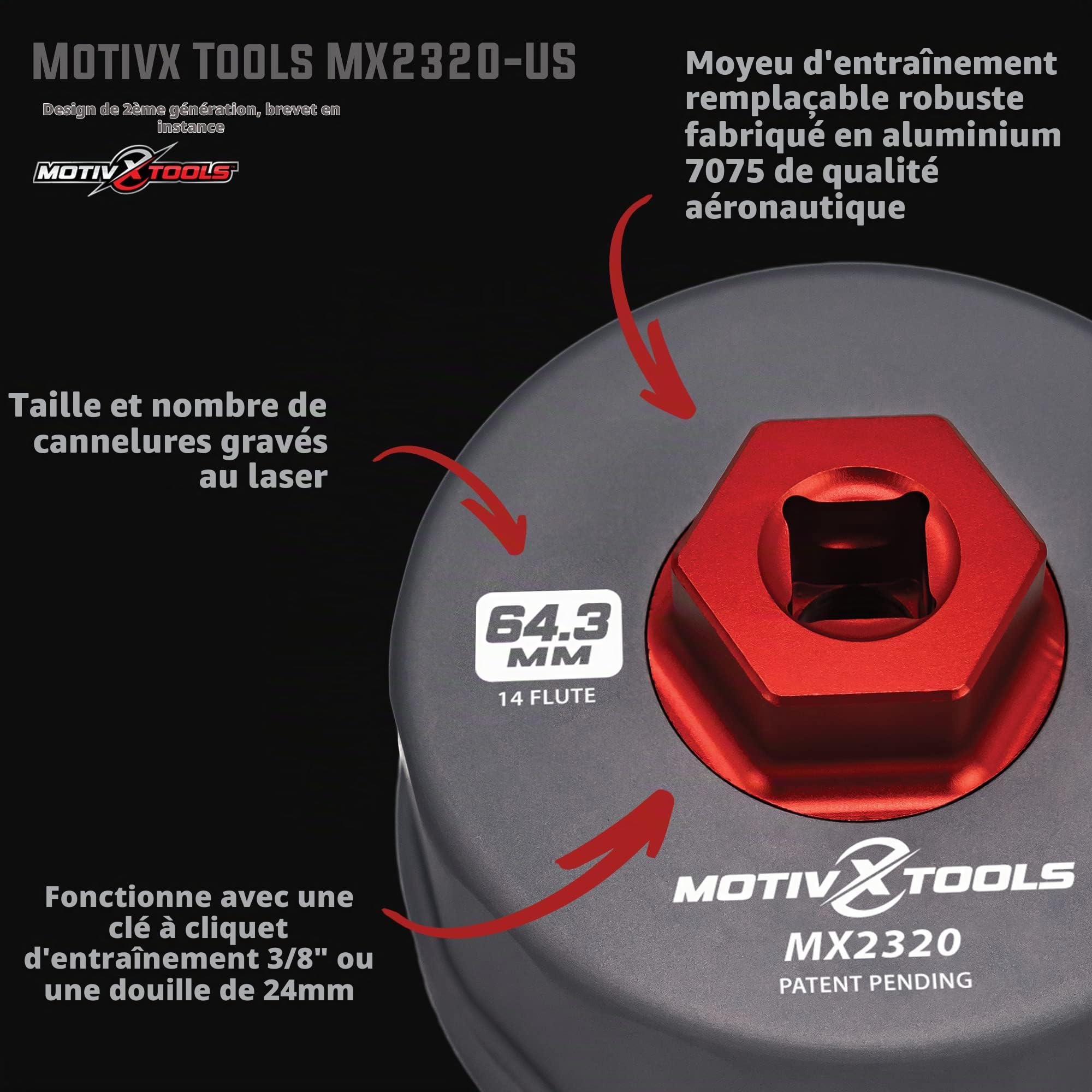 Motivx Tools Clé à filtre à huile pour Toyota Camry, Tundra, Tacoma, 4Runner, RAV4 et plus – Outil de retrait de filtre à huile en aluminium usiné CNC 64 mm 14 cannelures de précision