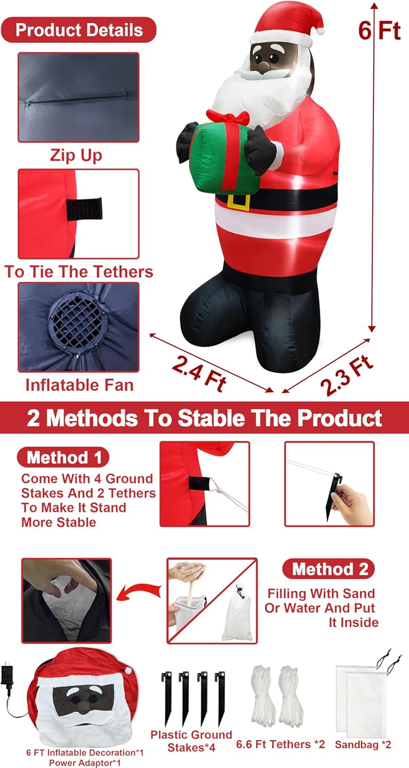TURNMEON 6Ft Black Santa Claus Inflatables Christmas Decorations Outdoor African American Hold Gift Box LED Lights Blow Up Yard Decorations for Holiday Xmas Decor Outside Lawn Yard Garden Party - Image 4