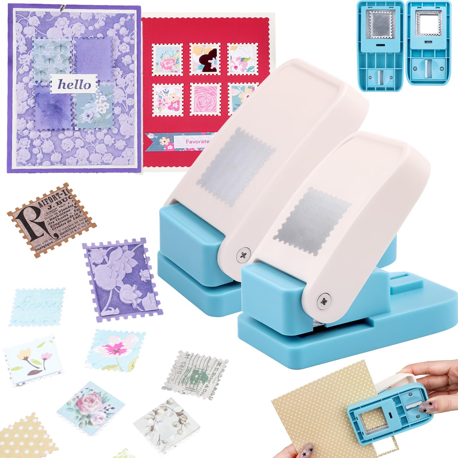 BAOFALI 2Pcs/Set Stamp Puncher 1.25x1.5 Inch & 1 Inch Square Postage Stamps Punches Lever Action Paper Punches for Crafting Scrapbooking DIY Card
