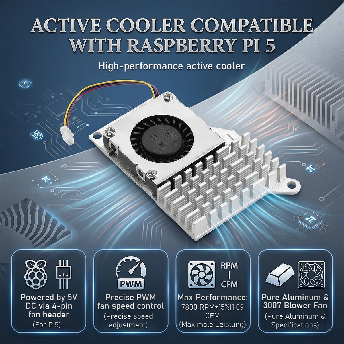 Zolara Active Cooler Raspberry Pi 5 Dissipateur Thermique avec Ventilateur PWM 5V 100mA, Radiateur Aluminium pour Ras-Pi 5 4GB 8GB 16GB, Refroidissement Actif Silencieux et Contrôle Automatique