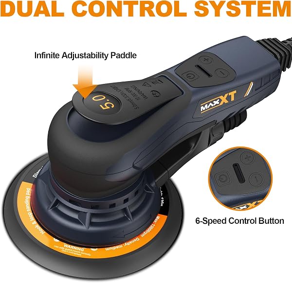 MAXXT Smerigliatrice exenter, 150 mm, brushless, con attacco a tre punte, corsa eccentrica da 5,0 mm, freno automatico (2 s), 6 velocità regolabili, include 10 fogli abrasivi e cavo da 5 m ASIN - 2