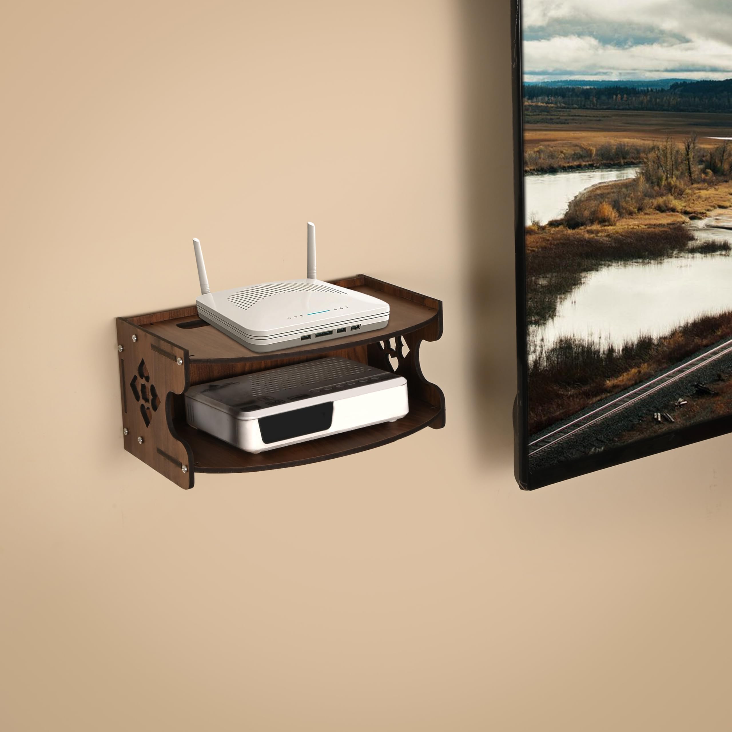GOJEEVA KRAFT Wall Mounted Wooden Set Top Box Stand | TV Unit Shelf for Router, Remote & Media Devices | Compact & Durable Wall Shelf(Design 4)-image-25