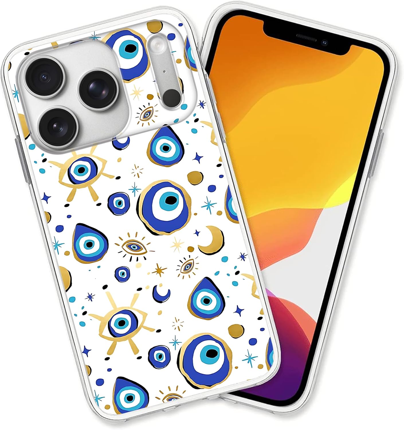 Compatible for iPhone 17 Pro Case, Fantasy Blue Gold Evil Eye Design Shockproof Soft TPU Slim Clear Case