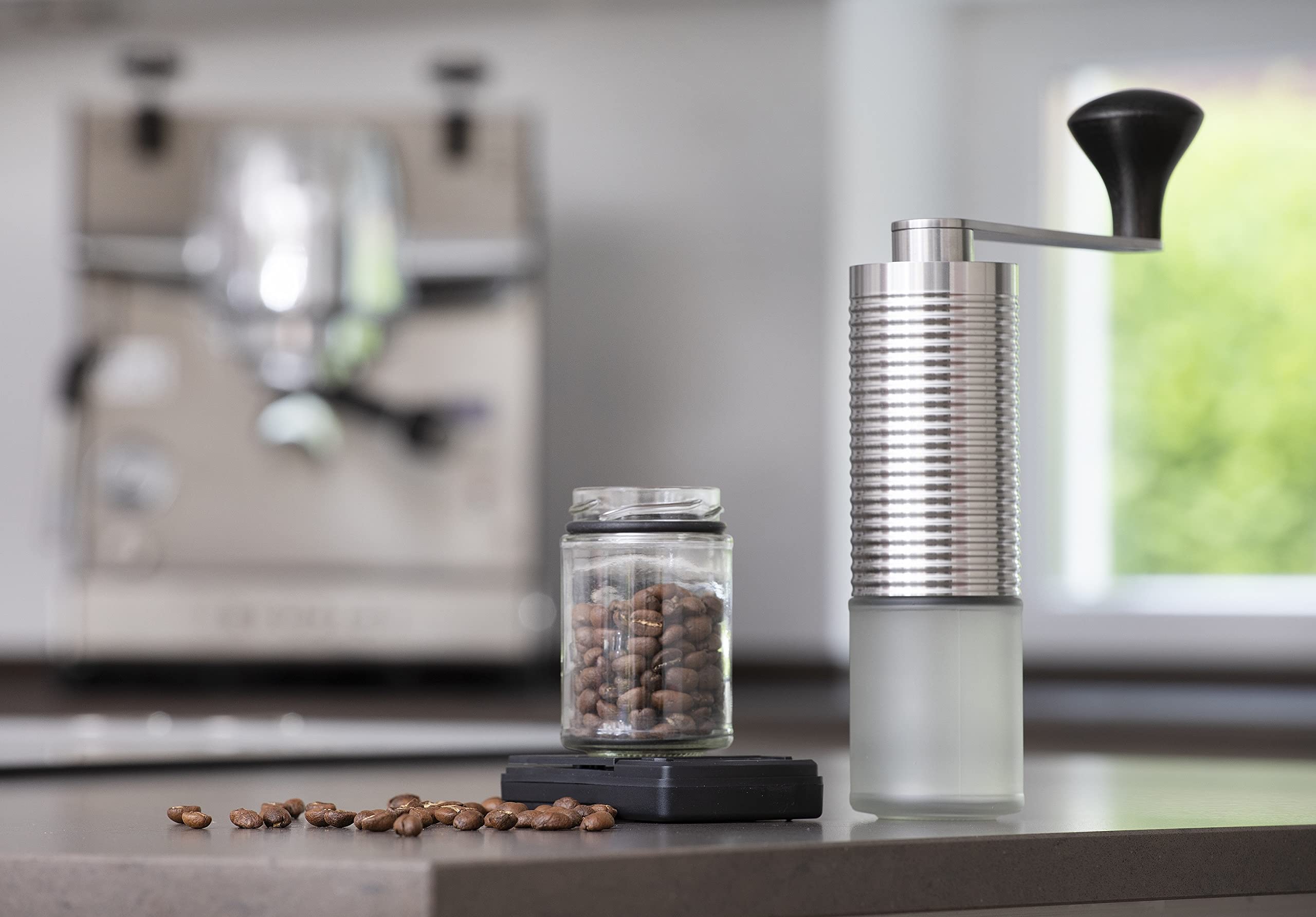 millone compact manuelle Kaffeemühle, Edelstahl, 30 g Bohnenbehälter | Präzise Mahlgradeinstellung, zwei Mikrokugellager, klappbarer Griff, inkl. Ersatzglas & Reinigungsgranulat