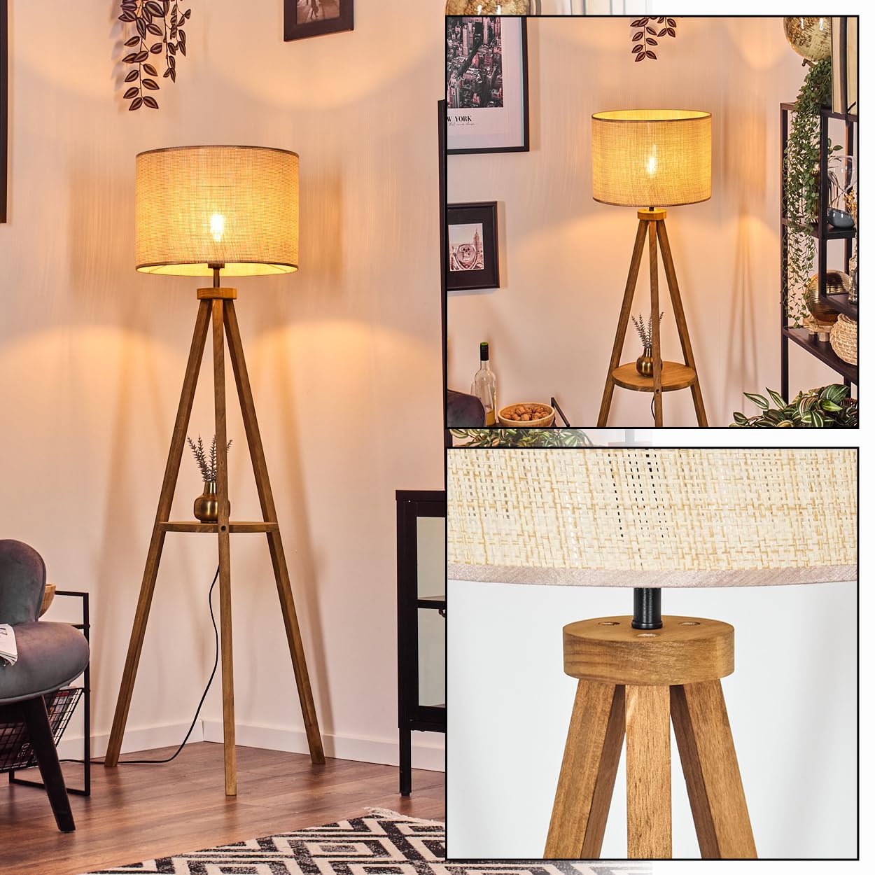 Sabadim Floor Lamp, Floor Lamp Made of Wood/Paper Wicker in Natural/Beige, Lamp in Boho Style, Scandinavian Design (Diameter 40 cm), Height 153 cm, with Foot Switch and Shelf, 1 x E27, Bulb Not