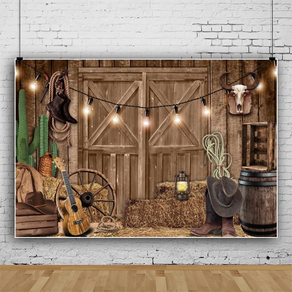 PnylzzyxhWestern Cowboy Backdrop Rustic Barn Door Backdrop Cactus Guitar Wooden Wheels Haystack Backdrop for Theme Birthday Party Decorations Banner Photography Background Studio Props 8x6ft