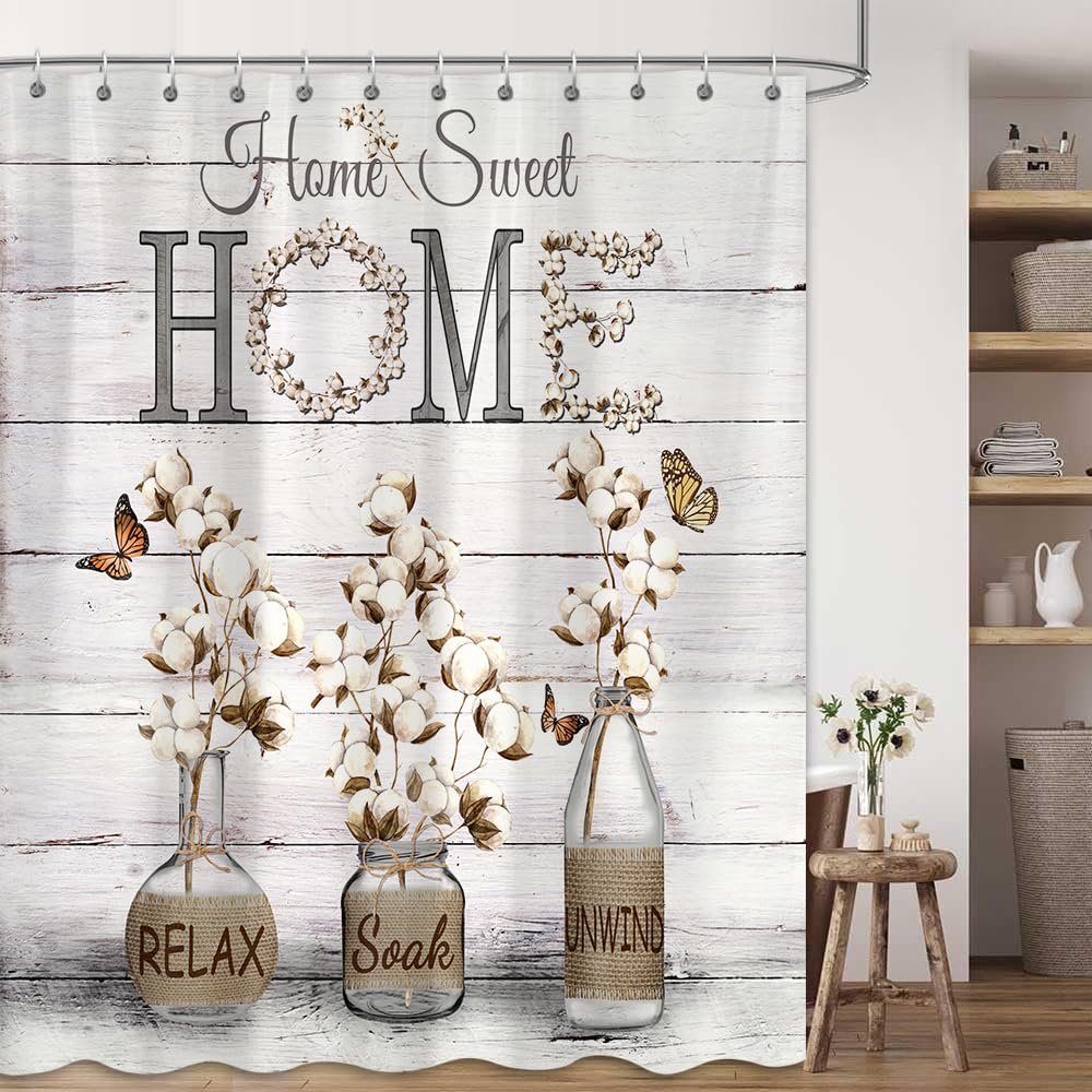 PAOPOED Farmhouse Shower Curtain, Cotton Flowers Country Rustic Neutral Bathroom Decor, Waterproof Cloth Fabric Bath Curtain with Hooks 72 x 72 inch