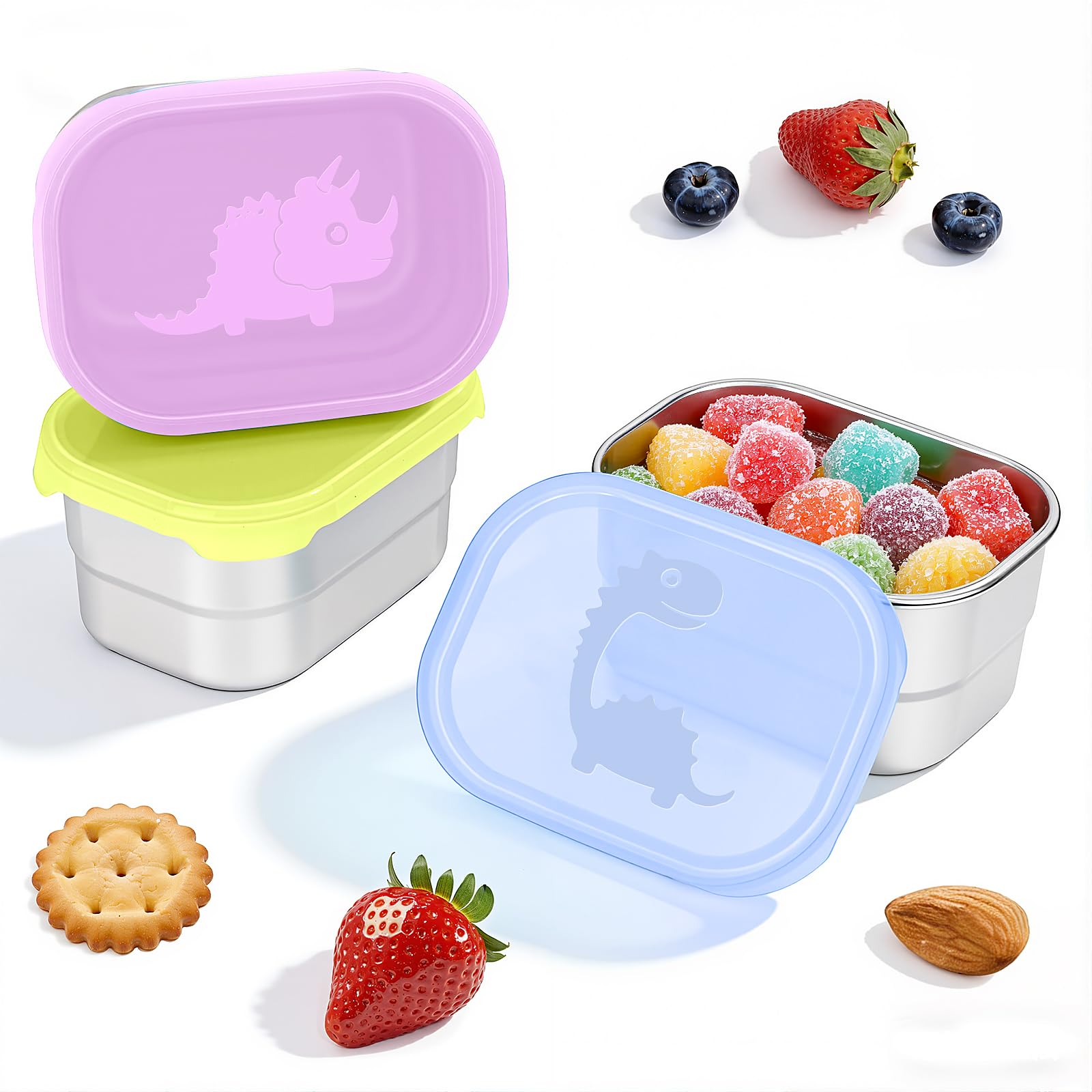 Tanjiae 3×8oz Small Stainless Steel Snack Containers - 230mL Leakproof Food Containers with Cute Dino Lids | LFGB Certified, Stackable Metal Snack Box for Home, Office, Travel