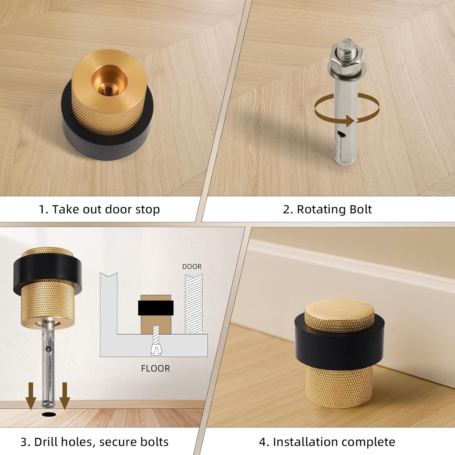 PANALI Floor Door Stop,1-1/2" Length 1-3/5"Height Cylindrical Floor Mount Door Stopper,Solid Heavy-Duty Brass Door Holder for Wall Protector,Brass Doorstop 2 PCS,Brushed Brass
