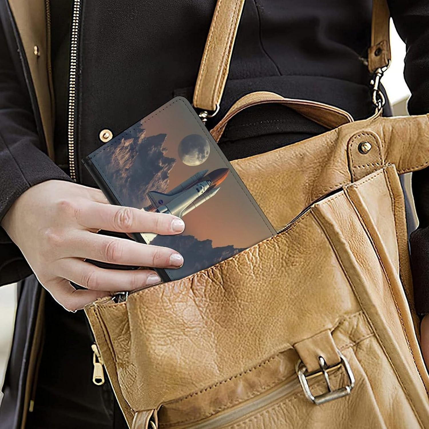 Spaces Shuttle Passport Holder, Travel Wallet PU Bifold Passport Cover Case with Card Slots