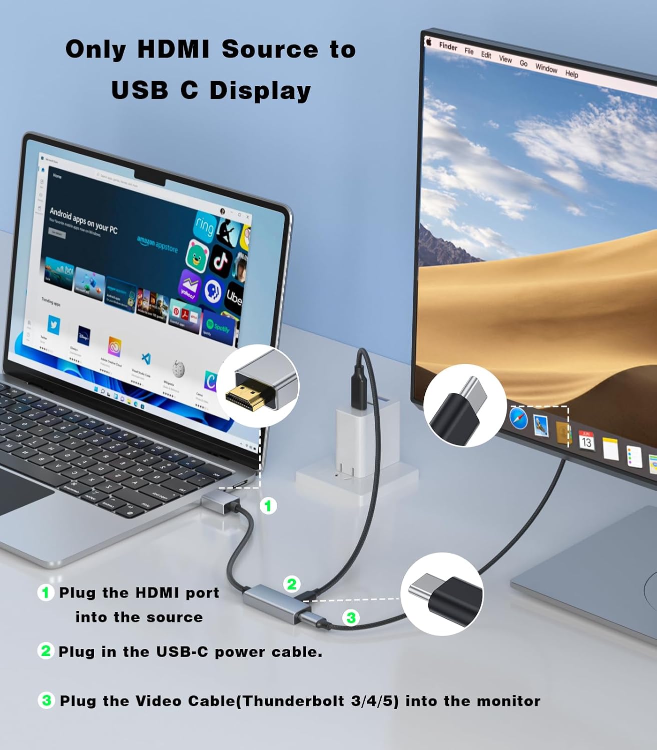 HDMI to USB C Adapter,4K60Hz Uni-Directional HDMI (Source) to USB C (Display) Converter for AR Glasses XREAL One,Air 2 Pro,VITURE Pro,RayNeo Air 2s,PS5,Switch,Xbox,Portable Monitors