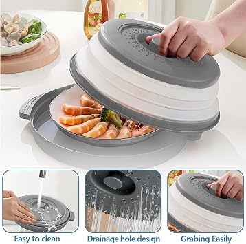 2pcs Collapsible Microwave Cover, Microwave Food Plate Covers with Anti-Scald Base Mat 10.5 Inch Plastic & Silicone Flodable Splatter Cover for Reheating Meal Prep Cooking Storage