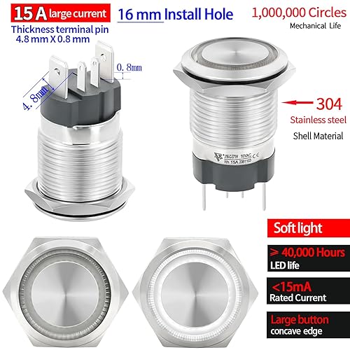 Miniatura 9 de Interruptor de botón pulsador de 15 amperios, azul, 0.630 in, 58 pulgadas, interruptores momentáneos impermeables IP67 1224 V CCCA 1NO SPST anillo