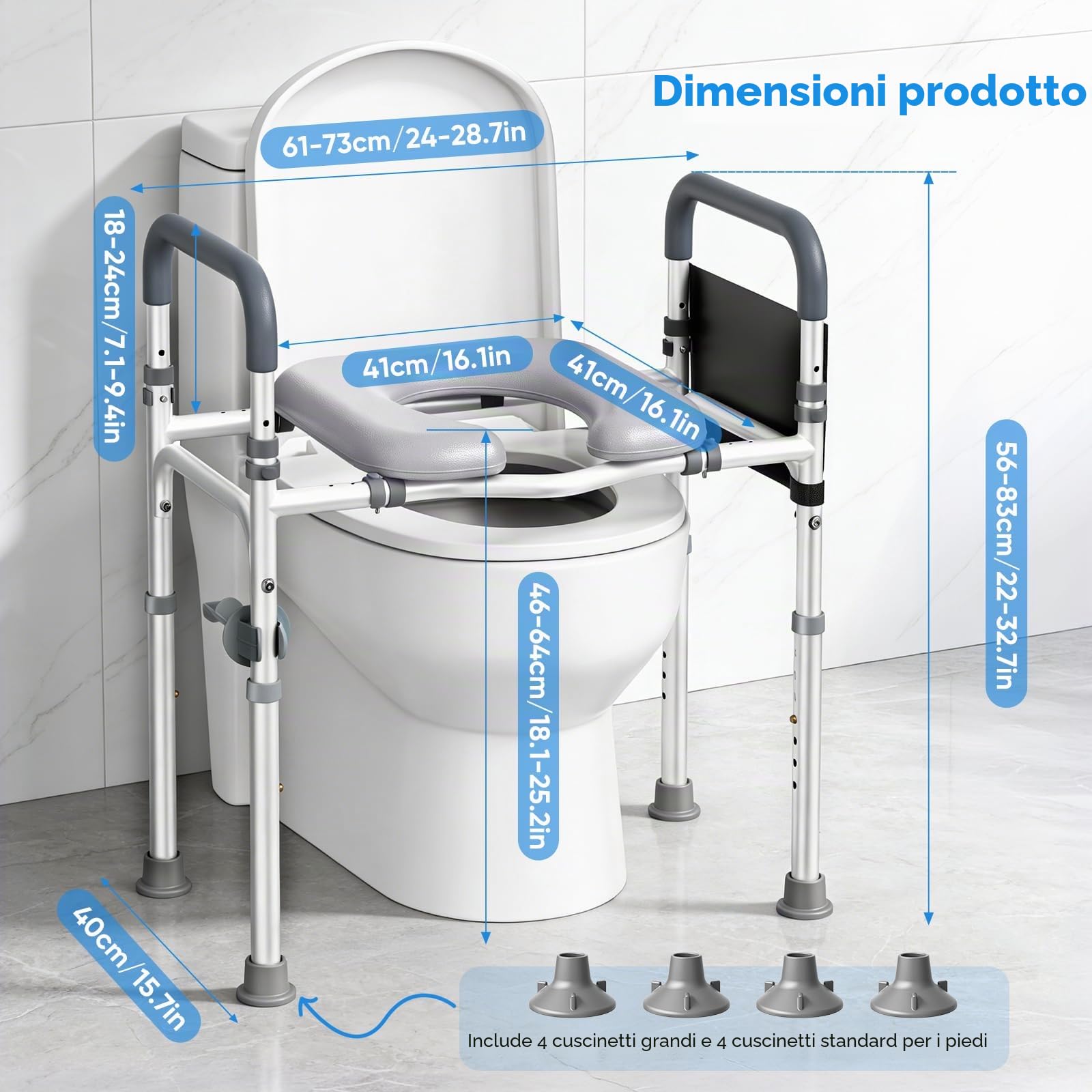 Alzatore per WC con Braccioli, Alzatore per Sedile del WC per Anziani con Altezza e Larghezza Regolabili, Sedile Rialzato per Anziani, Disabili, con Seduta Imbottita, Si Adatta a Qualsiasi WC
